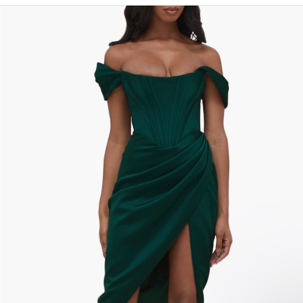 House of CB Emerald Green Off-Shoulder Asymmetrical Gown